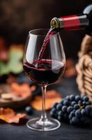 Pouring red wine into a glass beside fresh grapes and autumn leaves photo