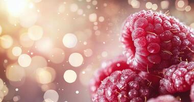 Fresh raspberries with dew drops on leaves against a blurred background photo