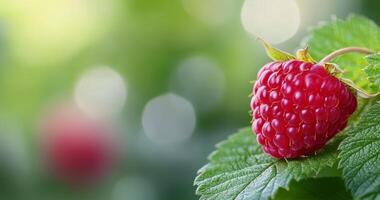 Ripe raspberry on green leaf in a lush garden during a sunny afternoon photo