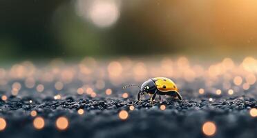 A colorful beetle crawls along the shimmering ground in soft evening light photo