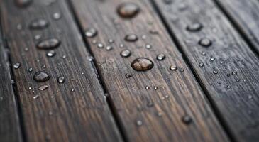Rain droplets on wooden surface photographed in a close-up during overcast weather photo