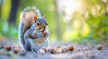 Squirrel gathering acorns in a sunlit forest during autumn photo