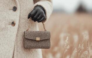 Elegant hand holding a stylish clutch in a grassy field during autumn photo