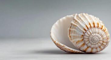 Close-up of a detailed seashell on a sandy surface with blurred shells in the background photo
