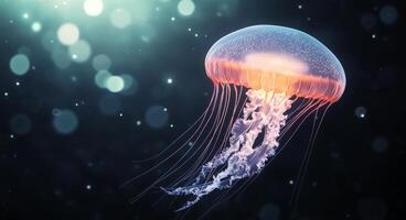 Colorful jellyfish gracefully swims in dark waters illuminated by soft light photo