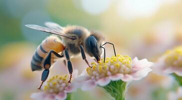 Bee collecting pollen from flowers in a sunlit meadow during spring photo