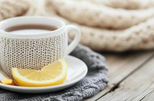 Warm cup of tea with lemon slice wrapped in a soft scarf on a cozy wooden table photo