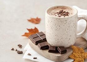 Warm chocolate drink on a wooden tray with chocolate pieces and autumn leaves photo