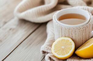 Warm cup of tea with lemon slice wrapped in a soft scarf on a cozy wooden table photo