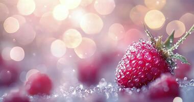 Fresh raspberry with droplets on a blurred background of soft bokeh lights photo