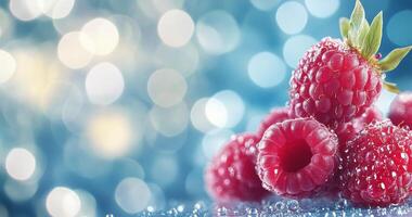 Fresh raspberries glistening with dew in a garden during early morning light photo