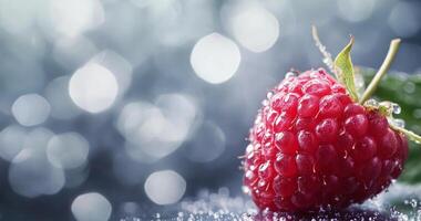 Fresh raspberry with droplets on a blurred background of soft bokeh lights photo