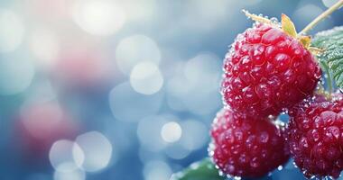 Fresh raspberries glistening with dew in a garden during early morning light photo