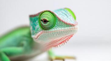 Close-up of a vibrant green lizard with detailed scales and striking eyes photo