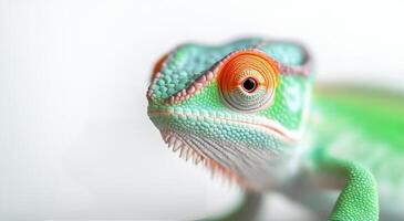Close-up of a vibrant green lizard with detailed scales and striking eyes photo