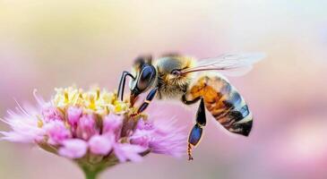 Bee collecting pollen from flowers in a sunlit meadow during spring photo