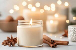 Candle with glowing flame surrounded by cinnamon sticks and festive decorations photo