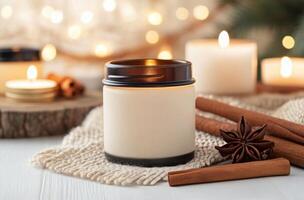 Candle with glowing flame surrounded by cinnamon sticks and festive decorations photo