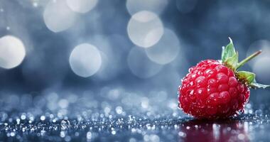 Fresh raspberry with droplets on a blurred background of soft bokeh lights photo