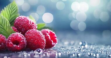 Fresh raspberries glistening with dew in a garden during early morning light photo