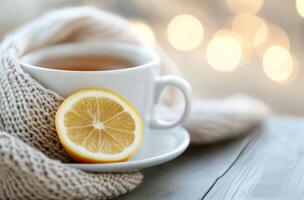 Warm cup of tea with lemon slice wrapped in a soft scarf on a cozy wooden table photo