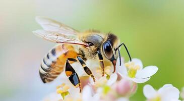 Bee collecting pollen from flowers in a sunlit meadow during spring photo