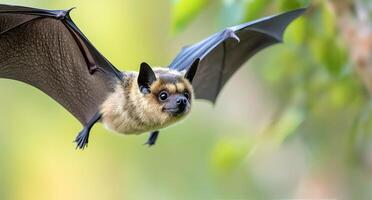 A close-up of a bat in flight against a blurred natural background during twilight photo