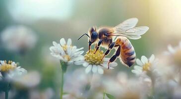 Bee collecting pollen from flowers in a sunlit meadow during spring photo