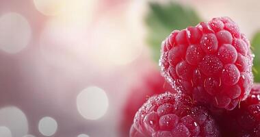 Fresh raspberry with droplets on a blurred background of soft bokeh lights photo