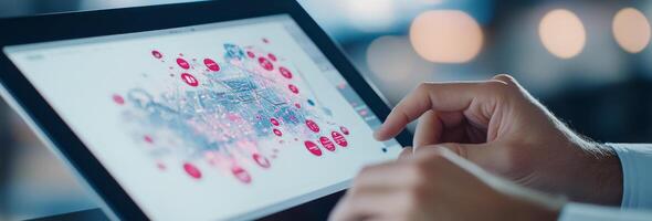 Person interacting with data visualization on tablet during evening in a modern workspace photo