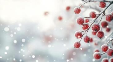 Red winter berries glistening with snow in a soft, blurred background photo