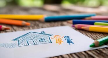 Childrens drawing of a house with family figures and colorful art supplies on a wooden table photo