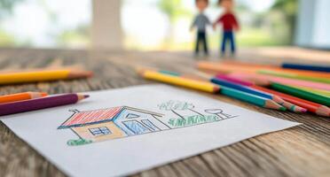 Childrens drawing of a house with family figures and colorful art supplies on a wooden table photo