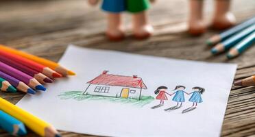 Childrens drawing of a house with family figures and colorful art supplies on a wooden table photo