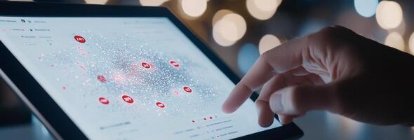 Person interacting with data visualization on tablet during evening in a modern workspace photo