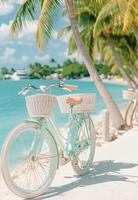 White bicycles with baskets parked on sandy beach under palm trees in tropical setting photo