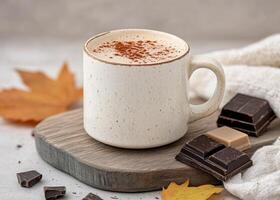 Warm chocolate drink on a wooden tray with chocolate pieces and autumn leaves photo