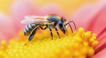 Close-up of a bee collecting nectar from a vibrant flower in a garden photo