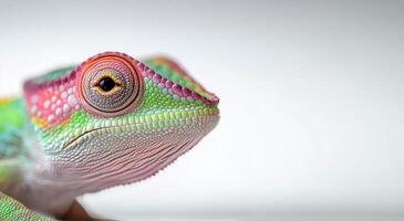 Close-up of a vibrant green lizard with detailed scales and striking eyes photo