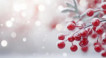 Red winter berries glistening with snow in a soft, blurred background photo