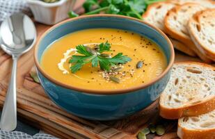 Creamy Pumpkin Soup With Bread on a Wooden Table photo