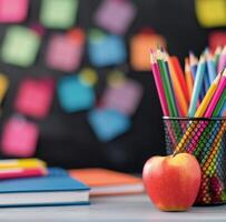 School Supplies With Apple And Colored Pencils On Table Against Blackboard Background photo