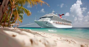 Large Cruise Ship Docked Near Tropical Beach Under Clear Blue Sky photo