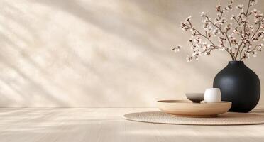 Minimalist interior design featuring cherry blossom branches in a modern room photo