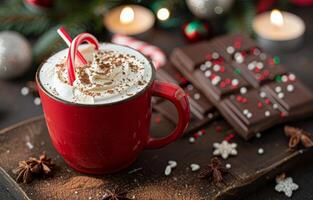 Festive Hot Chocolate With Whipped Cream and Candy Cane in Cozy Holiday Setting photo