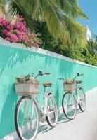 White bicycles with baskets parked on sandy beach under palm trees in tropical setting photo