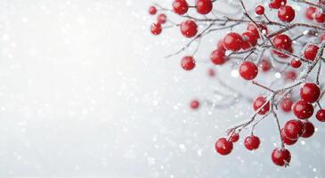 Red winter berries glistening with snow in a soft, blurred background photo