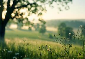 Delicate Wildflowers Growing In Lush Green Meadow At Dawn photo