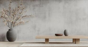 Minimalist interior design featuring cherry blossom branches in a modern room photo