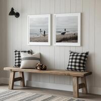 Cozy living area with beach-themed artwork and comfortable seating photo
